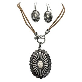 Gypsy Jewels Faux Suede Cord Toggle Front Stone Western Style Silver Tone Necklace & Earrings Set (Ivory Stone Concho)