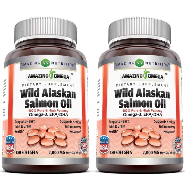 Amazing Omega Wild Alaskan Salmon Oil Softgels (Non-GMO) - Supports Heart, Joint & Brain Health and Promotes Healthy inflammatory Response (2000 Mg Per Serving, 180 Count (2 Pack))
