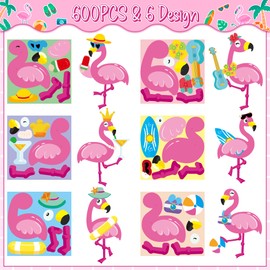 Haooryx 600pcs Make A Flamingo Face Scene Sticker Roll Make Your Own Cartoon Cute Pink Flamingo Sticker Decals Mix and Match DIY Sticker for Water Bottles Scrapbook Kids Birthday Party Supply