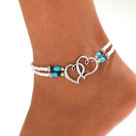 Shell Beaded Ankle Bracelet for Women, Double Layered Hollow Heart Sea Shell & Starfish Anklet Boho Turquoise Elastic Anklet Bracelet Summer Beach Foot Jewelry（Heart White）