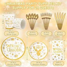 JarThenaAMCS 175Pcs Merry Christmas Party Supplies Kit Gold Foil Elk Snowflake Tableware Xmas Winter Disposable Dinnerware Paper Napkin Plate Cup Plastic Fork Knives Spoon For 25 Guests