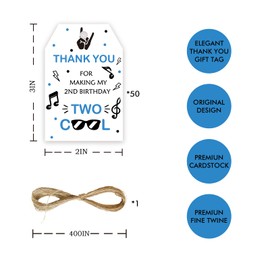 50pcs Two Cool Thank You Tags, 2nd Birthday Party Favors Gift Tag with String for Boy, Rock Music Thank You Paper Tags for Boys 2nd Birthday Party Favors