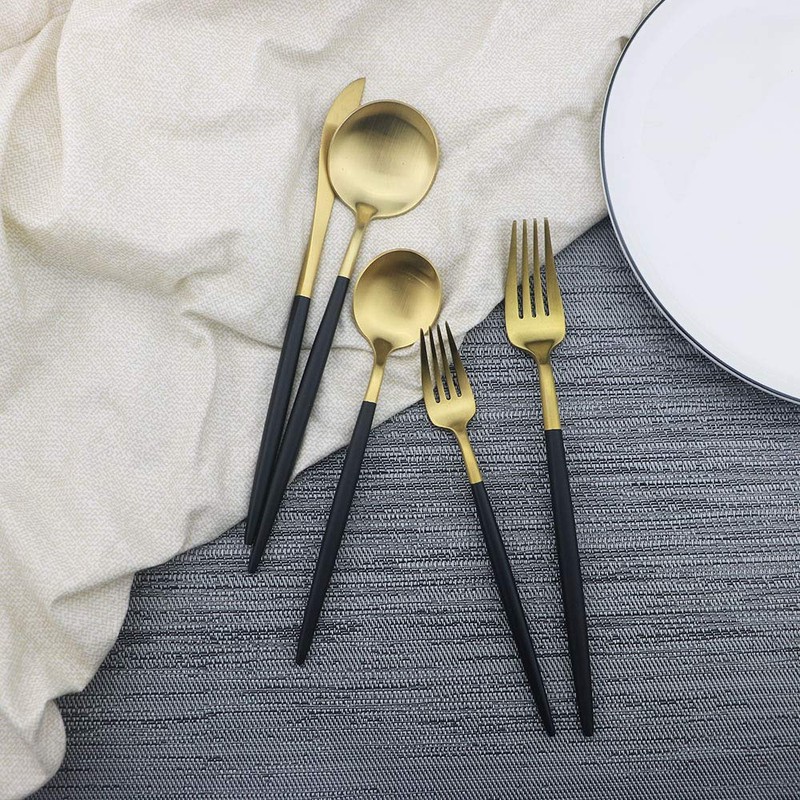 JASHII Luxury Black Gold Flatware, Silverware Sets, 5-Piece Elegant Cute