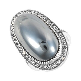 Esse Marcasite Sterling Silver Oval Cabochon Cut Metallic Haematite Cocktail Ring - Size L