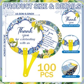 CroBlissful 100 Pcs Wedding Hand Fans Bulk Plastic Handheld Wedding Favor Fans for Guests Thank You for Celebrating with Us Greenery Fan with Handle for Ceremony Bridal Shower Party (Tiles Lemon)