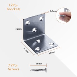 Gorffy Angle Brackets 12 Pcs, L Bracket 40 x 40 x 40 x 1.7mm, Stainless Steel Sleeper Brackets with 72 Screws, Heavy Duty Right Angle Corner Brackets for Wood, Metal Corner Braces for Fixing Timber