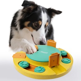 Pawise Dog Puzzle Feeder Toy,Fun Slow Feeder 3 Levels, Pup Food Treat Feeding Dispenser for IQ Training & Mental Enrichment, Interactive Gift for Boredom and Smart Dogs (Yellow & Green, Round)