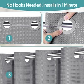 Vipfree No Hook Shower Curtain, Waffle Weave Thick Fabric Shower Curtains for Bathroom, 258 GSM Luxury Polyester Cloth Bath Curtain with 12 Built in Grommets, 72W x 74H, Gray