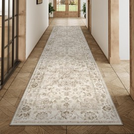 WondRg 2x12 Washable Neutral Runner Rug Beige Hallway Kitchen Non-Slip Low Pile Floral Carpet Vintage Soft Thin Throw Rug for Bathroom Bedroom Entryway Laundry Dining Room