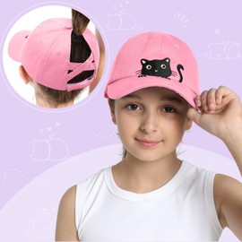 Girls Criss Cross Ponytail Hat Black Cat Baseball Cap Kids Adjustable Cotton Hats Funny Embroidered Sun Hat Age 3-14