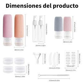 Juego de 16 Botellas de Viaje de Silicona 2oz/3oz, A Prueba de Fugas, Exprimibles, Rellenables y Portátiles con Etiquetas para Champú, Crema y Loción 