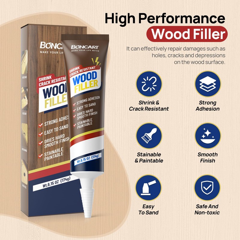 Boncart Wood Filler, 6.15 oz Paintable Wood Putty, Easy to