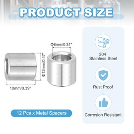 PATIKIL 12 Pcs Stainless Steels Spacers, 8mm ID x 12mm OD x 10mm Height 304 Stainless Steel Bushing Screw Standoff Unthreaded Round Spacer for 5/16"M8 Screws Bolts Nuts