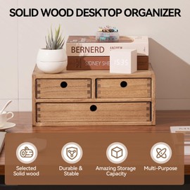 Kirigen Natural Wood Desktop Storage Cabinet -Shallow Type Drawers - Fax Stand with metal handle - Small File organizer Size 13.78"L*11.02"W*4.33"H(NA, 2-Layer &2 Drawers)