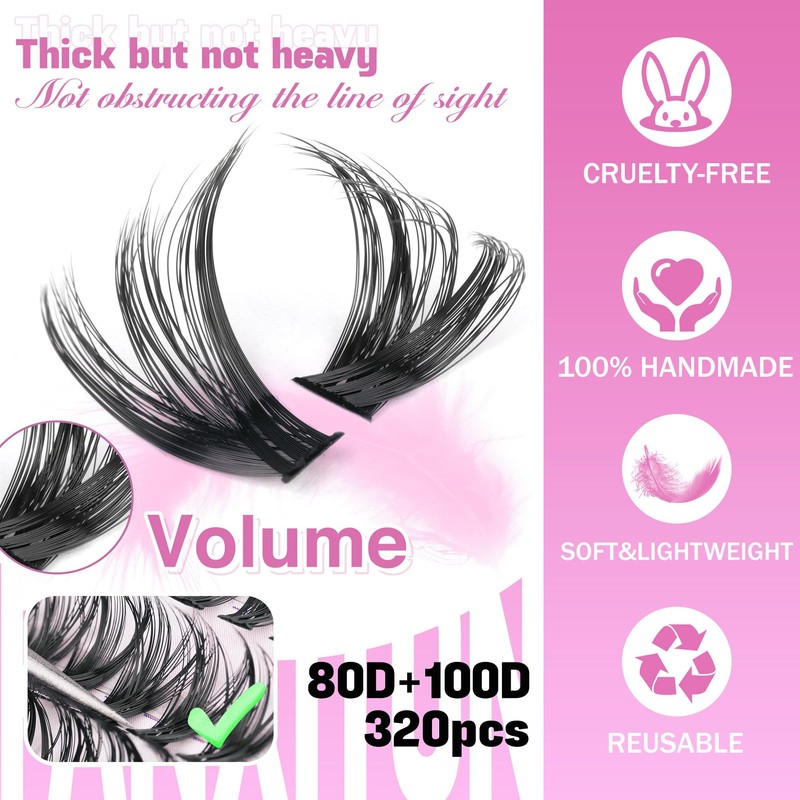 DIY Lash Extension Kit Volume Thick Lash Clusters 80D+100D 320