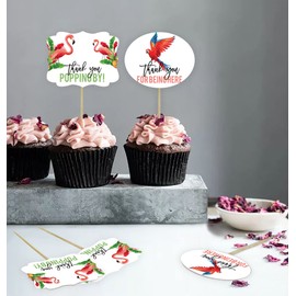 Inkdotpot Tropical Leave & Flamingo Gender Reveal Baby Shower Party Collection, Pre-Assembled Double Sided Cupcake Topper Food Picks DIY Party Favors Kit, Pack of 30