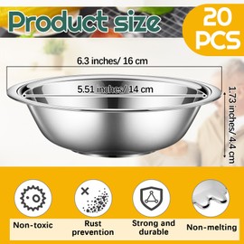Tioncy 20 Pack Small Mixing Bowls, 6.3 Inch Stainless Steel Wide Nesting Prep Bowls Set with Flat Base for Sauces Serving Soup Snack Salad, 3/4 Quart Meal Cooking Baking, Reusable and Dishwasher Safe