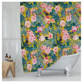 Worthwhile Goods Bright Colorful Floral Shower Curtain - Modern Peonies Print Fabric Shower Curtain - 72x72 Inches (Yellow Floral)