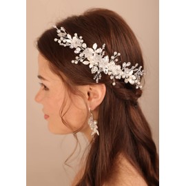 Deniferymakeup Flower Bride Wedding Hair Vine and Earrings Pearl Bridal Hair Accessories Leaf Wedding Headpiece Jewelry for Women and Girls