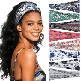 Awumbuk Wide Headbands for Women, 8 Pack Multicolor Stretchy Fabric Hair Bands, Non-Slip Sports Workout Yoga Running Headband, Fashion Hair Accessories (Retro Floral Ethnic Style)