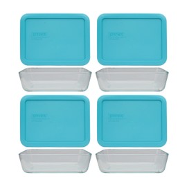 Pyrex (4 7210 Glass Containers & (4) 7210-PC Surf Blue Lids Made in the USA