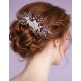 Lenjicons Vintage Flower Leaf Rhinestone Hair Comb Teardrop Rhinestone Hairpiece Silver Gold Wedding Hair Comb Handmade Rhinestones Headpiece for Wedding Women (light purple)