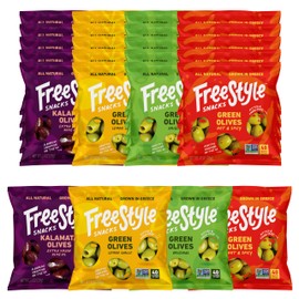 Freestyle Snacks Olive Snack Packs - 24 Pack Variety - Original Green, Hot & Spicy, Lemon Garlic, and Kalamata - Grown in Greece, All Natural, Non-GMO, Paleo, Sugar-Free, Keto Snack, 1.1oz (24 Pack)