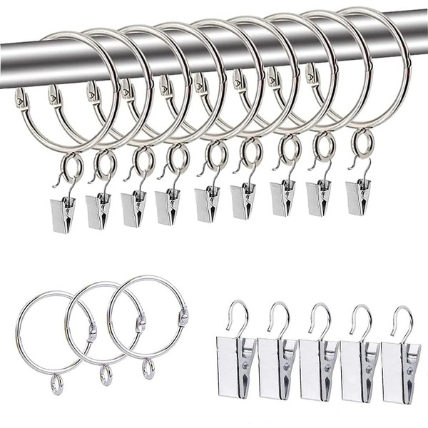Polly Online Curtain Rings with Clips - Curtain Rod Clip Rings for Inner Diameter 50 mm Rod, Set of 20 Silver, Suitable for Shower Curtain, Window Curtain, Cafe