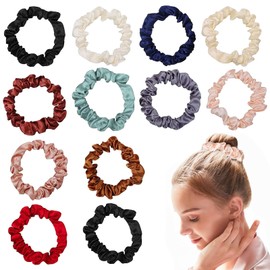 Shunshi Elastic Hair Ties, 12 Pcs Satin Hair Scrunchies for Women & Girls, Soft Silk Hair Ties, Skinny Elastic Bands for All Hair Types, No Damage, Frizz Prevention, Stylish Hair Accessories