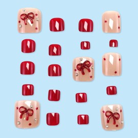 Red Bow Press on Toe Nails Short Square Glue on Toenails with Silver Rhinestones Design Full Cover Red Stick on Toenail Glossy Skin Tones Fake Toenails Summer False Toenail for Women Manicure 24Pcs