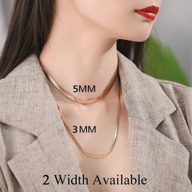 FindChic 3MM Flat Snake Necklace Jewellery for Women 38CM Rose Gold Plated Stainless Steel Herringbone Chain Necklace