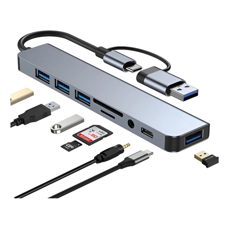 De Usb Hub 8 En 1 Azul Claro, 4 Puertos