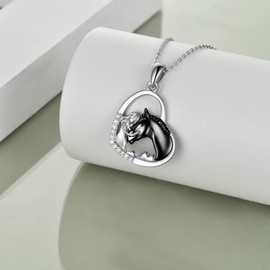 YFN Girl and Horse Necklace for Girls, Sterling Silver Horse Jewellery, Horse, Gifts for Women, Sterling Silver, Black Horse with Girls Necklace