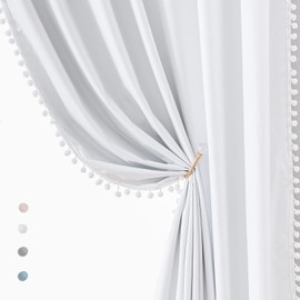 Treatmentex White Blackout Curtains for Living Room 95 inch Energy Saving Window Curtains Pom Pom Thermal Curtains Triple Weave Nursery Girl's Room Curtains 52" W Rod Pocket 1 Pair
