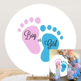 Polyester Diameter 6.5ft Gender Reveal Round Backdrop Boy Or Girl Pink Blue Cartoon Little Feet Background for Photography Pregnancy Surprise Party Decor Newborn Baby Shower Photo Booth Props