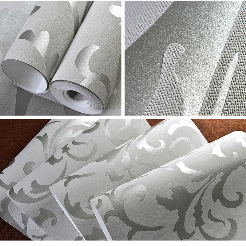 Q QIHANG Sliver Gray Victorian Damask Embossed Textured Non-Woven Material