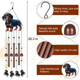 achshund Dog Wind Chimes for Outside,Metal Windchimes with S Hook with Playful Design Wind Chime Garden Decor Outdoor Ideal Memorial/Housewarming/Birthday/Festival Gifts Front Yard Decor