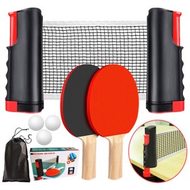 QMCZLA Red de Ping Pong, Raquetas y Pelotas Set, Juego portátil Tennis de Mesa Plegable para Adultos y Niños, con 2 Raquetas, 1 Red Retráctil, 3 Ping Pong y 1 Bolsa de Almacenamiento (Rojo Negro)