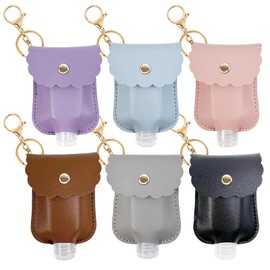 6 Pcs Hand Sanitizer Keychain Portable Leather Sanitizer Holder, 30ml Hand Sanitizer Bulk Holder, Leakproof Plastic Bottle with Leather Keychain Holder (gray, lake blue, black, purple, pink, brown)