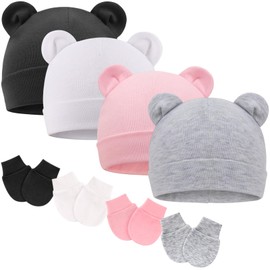 DRESHOW Newborn Baby Hat and Gloves Set Beanie Clothing Unisex Infant Hat Nursery Hat Baby Boys Girls 0-6 Months, 4 sets: bear ears hats & mittens double layer h01