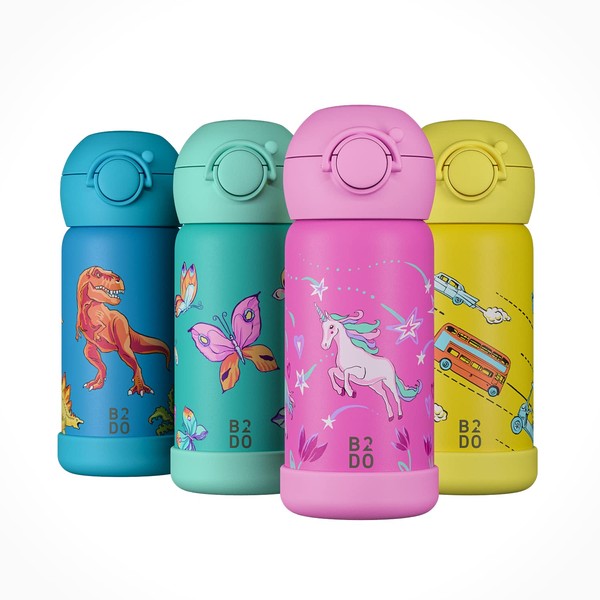 B2DO Double-Walled Stainless Steel Thermal Flask for Children, Pink, Unicorn,
