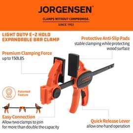 Jorgensen 6" Bar clamps for woodworking - 4-Pack, One-Hand Light Duty E-Z Hold Spreader Clamp, 150 lbs Capacity, Versatile and Easy-to-Use Design