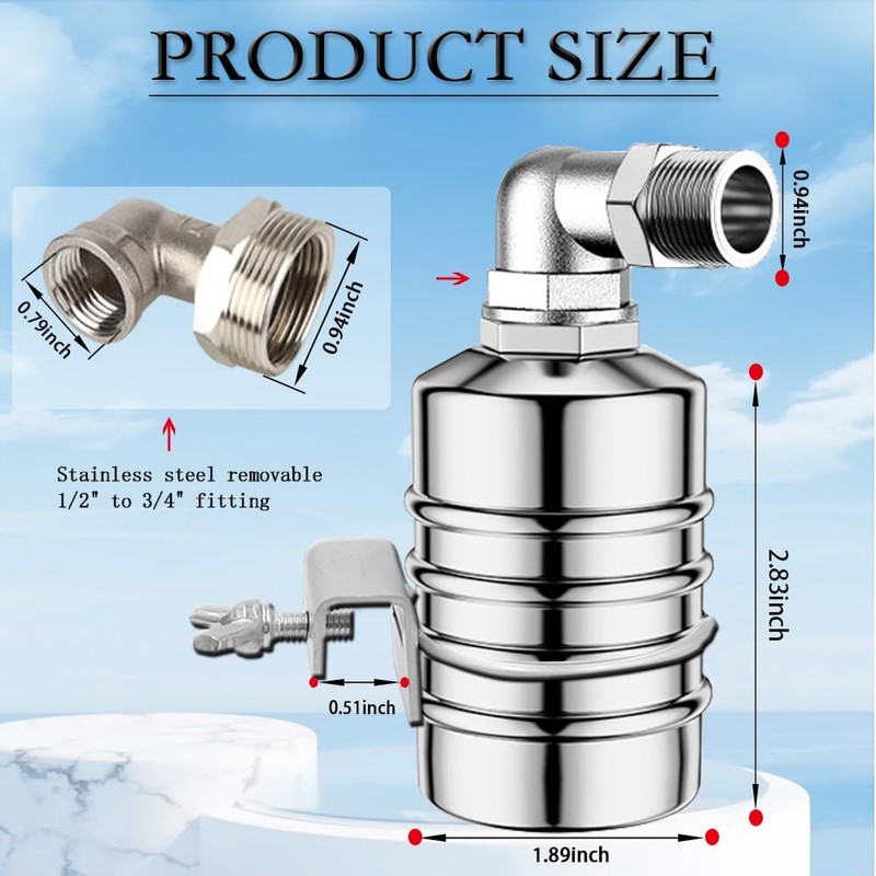 2PCS Float Valve,1/2" to 3/4'' water level control float valve,