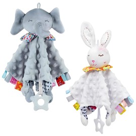 2 PCS Manta de Apego para Bebé,peluche de seguridad para bebe,cobijas para bebe, Juguete Sensorial con Sonajas, Mordedor de Silicona y Cintas de Color