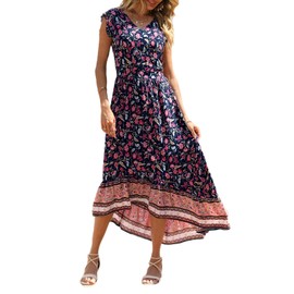 PRETTYGARDEN Maxi Dress with Sleeves Summer V Neck Floral Beach Long Dresses for Wedding Guest Navy