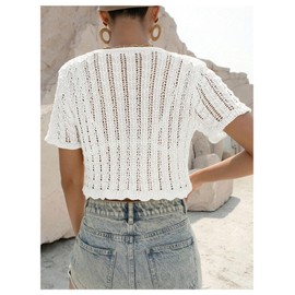 OYOANGLE Women's Crochet Knit Tie Front Crop Top Hollow Out Short Sleeve Cardigan Sweater, White, Large