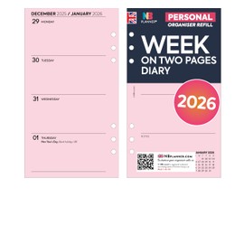 2026 Week on two pages diary refill insert | Pink paper | Filofax personal size COMPATIBLE | 95 x 171mm | UK holidays (Pink)
