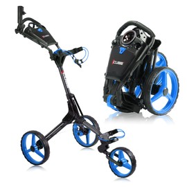 CUBE CART 3-Wheel Golf Push Cart – Ultra-Compact 14.5 lb Folding Golf Trolley, Two-Step Fold, Adjustable Handle, Foot Brake, Umbrella Holder & Built-in Storage - Charcoal/Blue