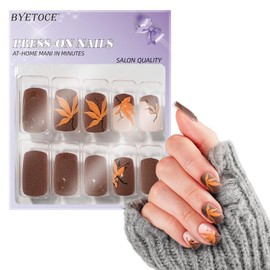 French Tip Press on Nails Medium Coffin Fake Nails Matte Brown False Nails with Orange Maple Leaves Designs Artificial Nails Full Cover Stick on Acrylic Nails for Women Nail Art Decor 24 PCS