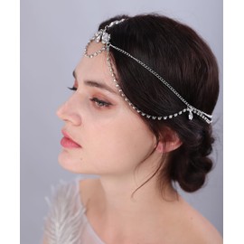 Aimimier Bohemian Dainty Layered Crystal Head Chain Teardrop Rhinestone Forehead Chain for Women Girls, 21.3in, alloy, Crystal